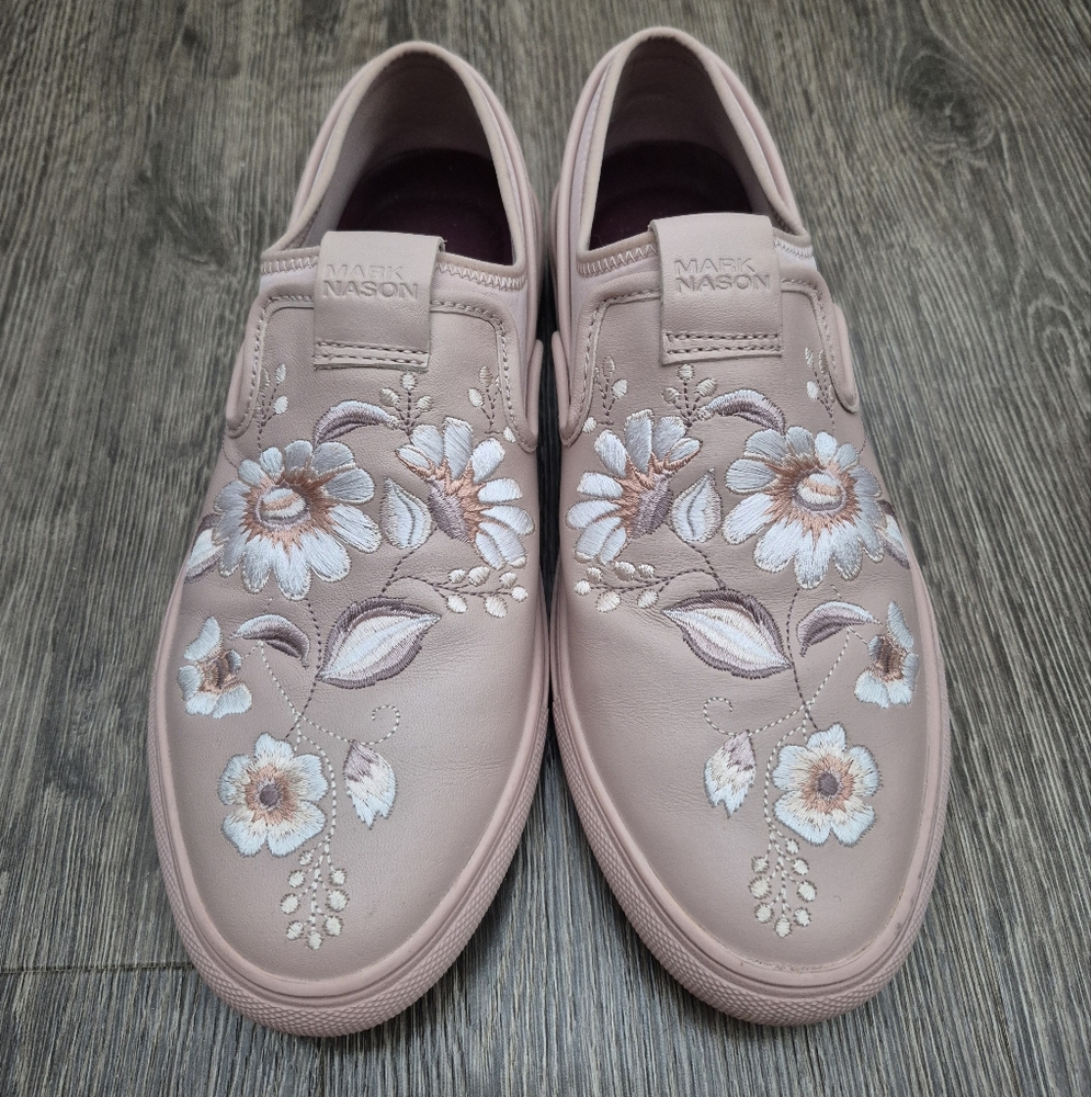 Mark Nason Pink White Floral Embroidered Slip On Sneakers Size 8